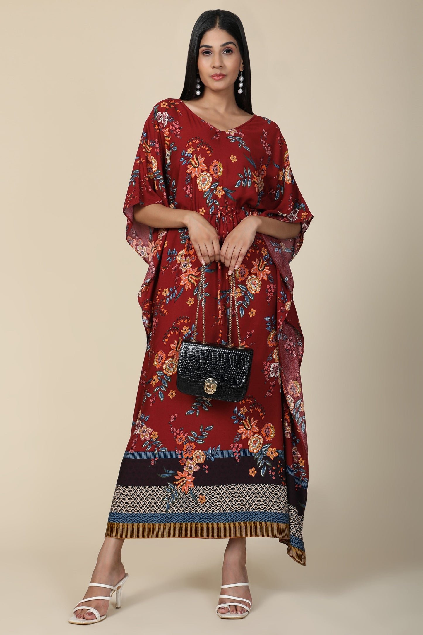 Women's Floral Print Rayon Long Kaftan In Maroon Base