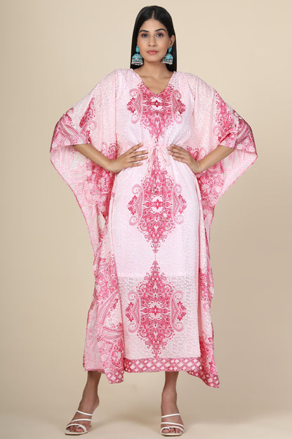 Women's Baby Pink Printed Long Kaftan In Georgette Brasso Self Fabric With Inner