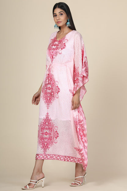 Women's Baby Pink Printed Long Kaftan In Georgette Brasso Self Fabric With Inner