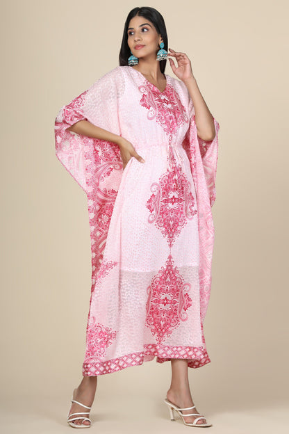 Women's Baby Pink Printed Long Kaftan In Georgette Brasso Self Fabric With Inner