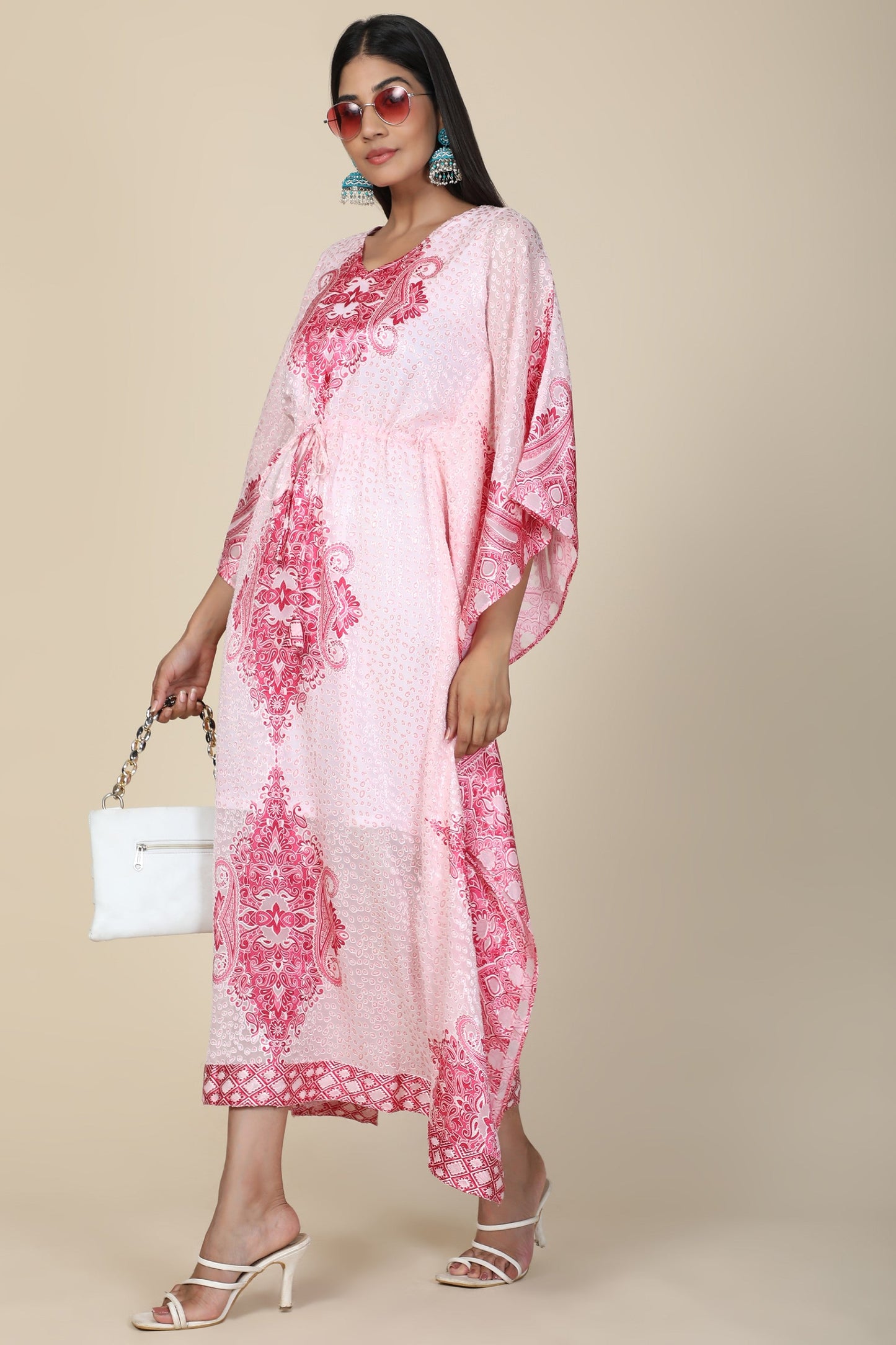 Women's Baby Pink Printed Long Kaftan In Georgette Brasso Self Fabric With Inner