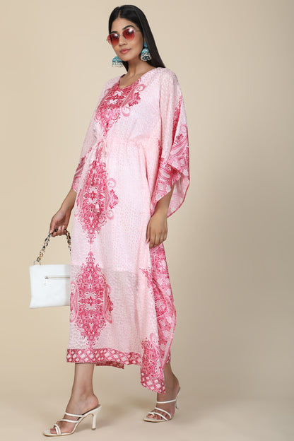 Women's Baby Pink Printed Long Kaftan In Georgette Brasso Self Fabric With Inner