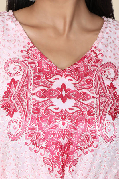 Women's Baby Pink Printed Long Kaftan In Georgette Brasso Self Fabric With Inner