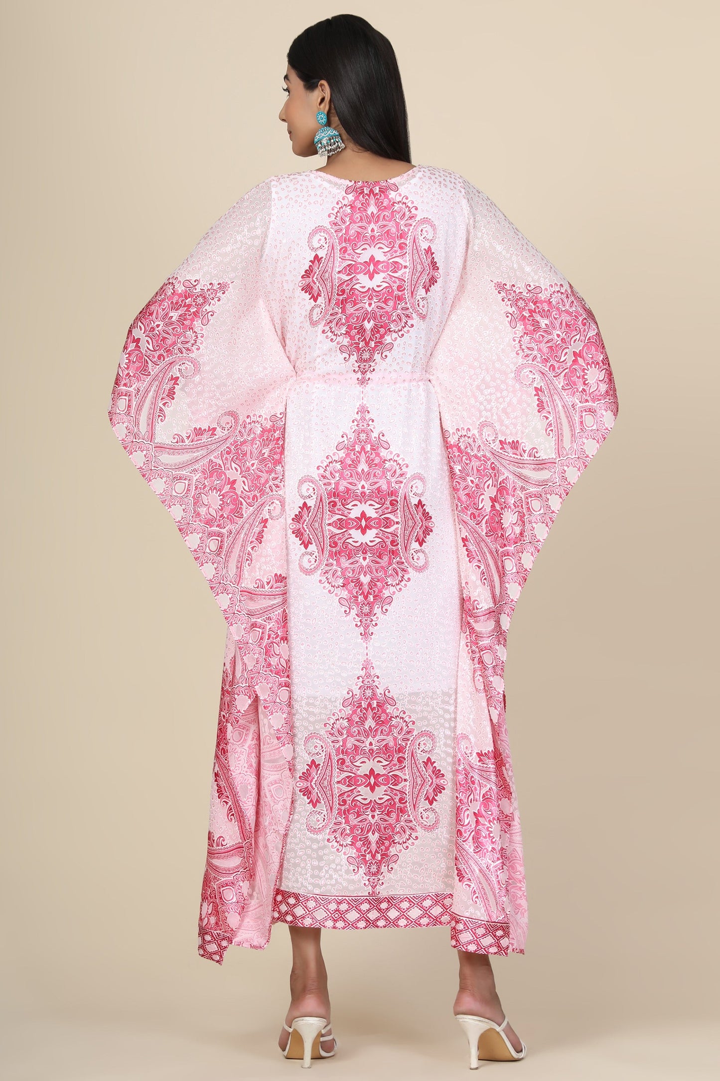 Women's Baby Pink Printed Long Kaftan In Georgette Brasso Self Fabric With Inner