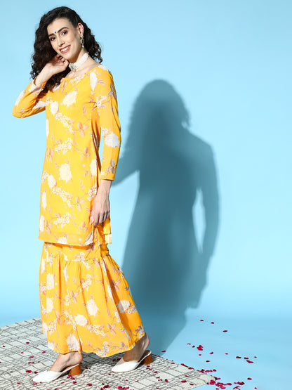 Women's Yellow Floral Print Kurta Sharara With Dupatta