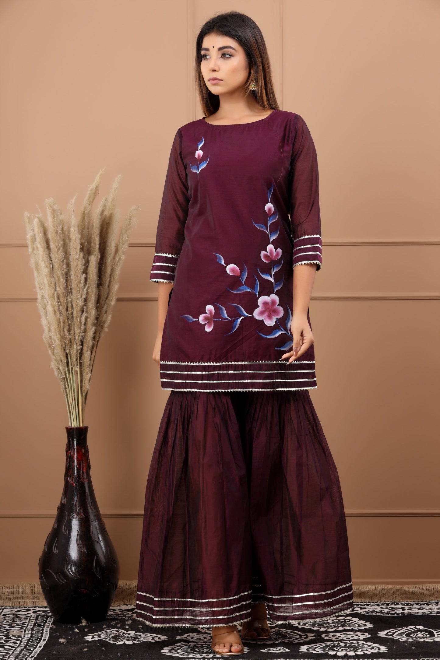 Women's Zubeida Hand Painted Chanderi Kurta Sharara And Dupatta