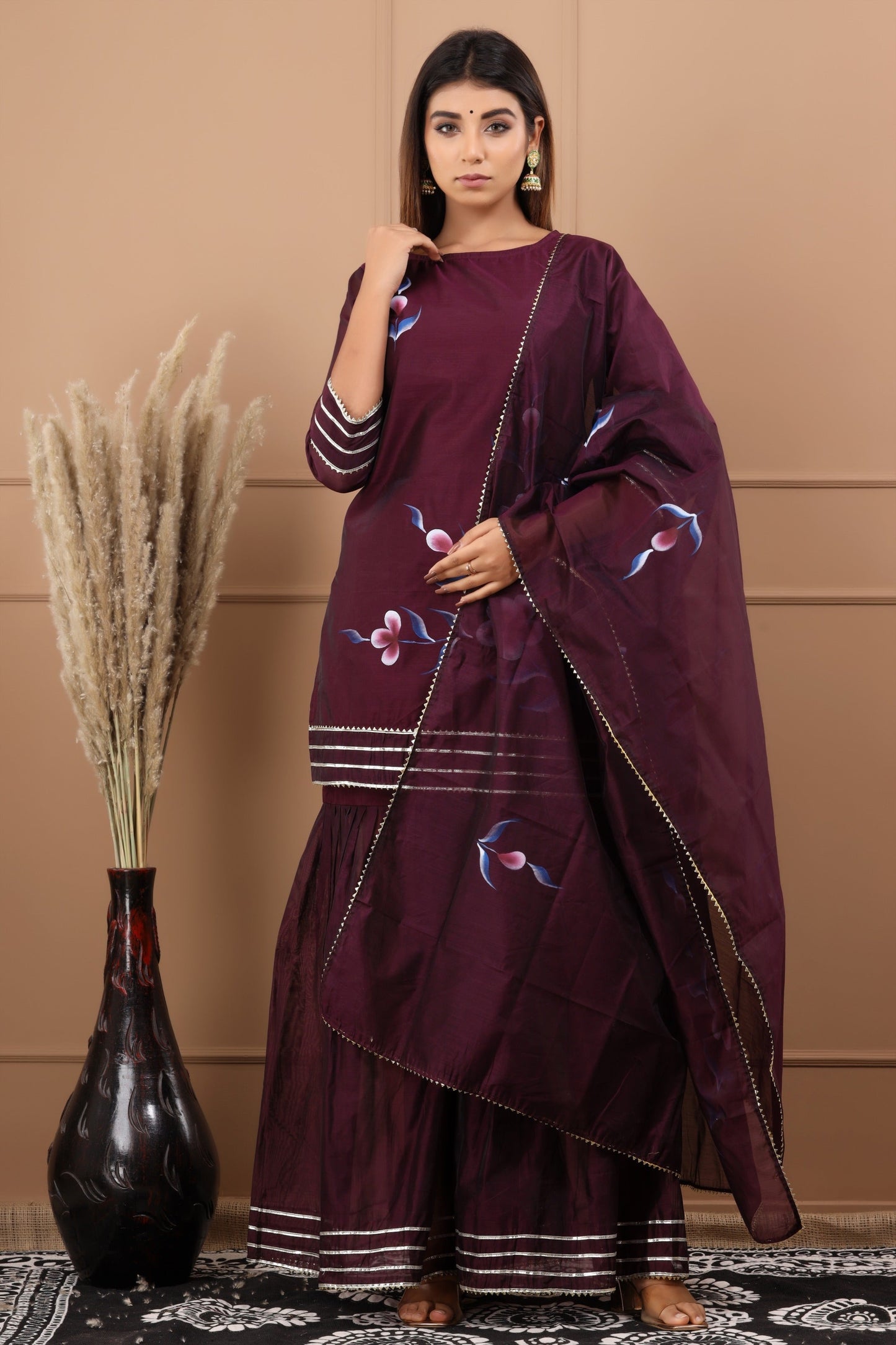 Women's Zubeida Hand Painted Chanderi Kurta Sharara And Dupatta