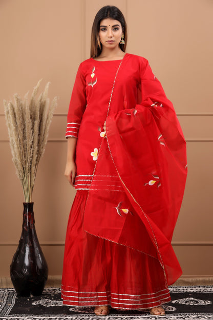 Women's Shalvi Hand Painted Chanderi Kurta Sharara And Dupatta