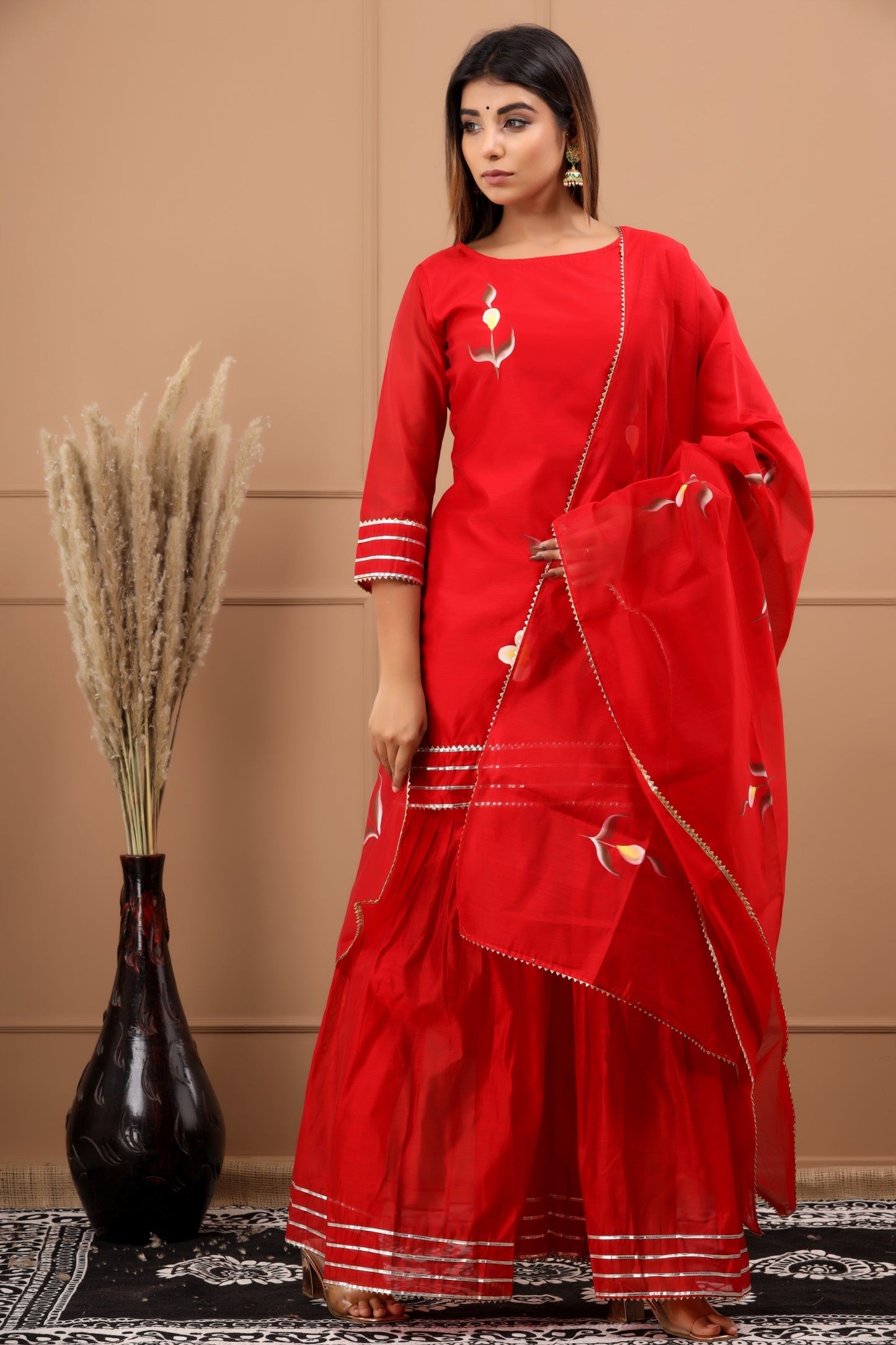 Women's Shalvi Hand Painted Chanderi Kurta Sharara And Dupatta