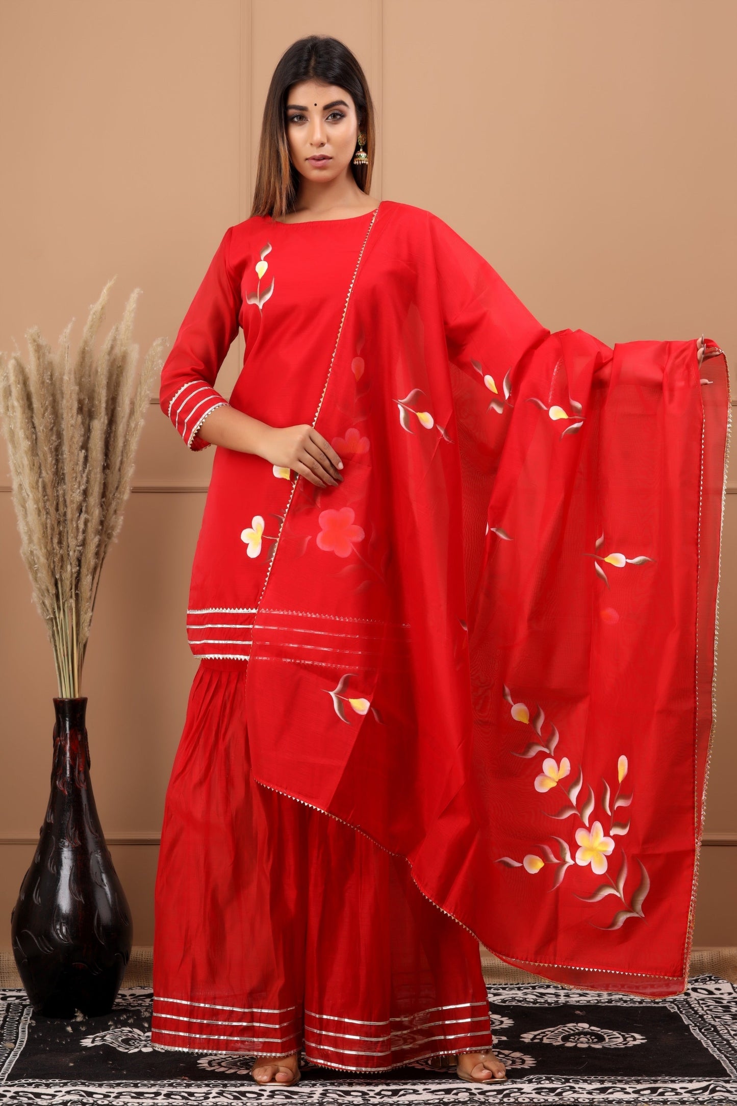 Women's Shalvi Hand Painted Chanderi Kurta Sharara And Dupatta