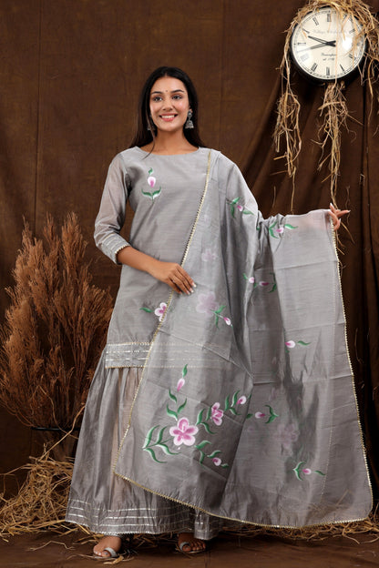 Women's Tuhina Hand Painted Chanderi Kurta Sharara And Dupatta