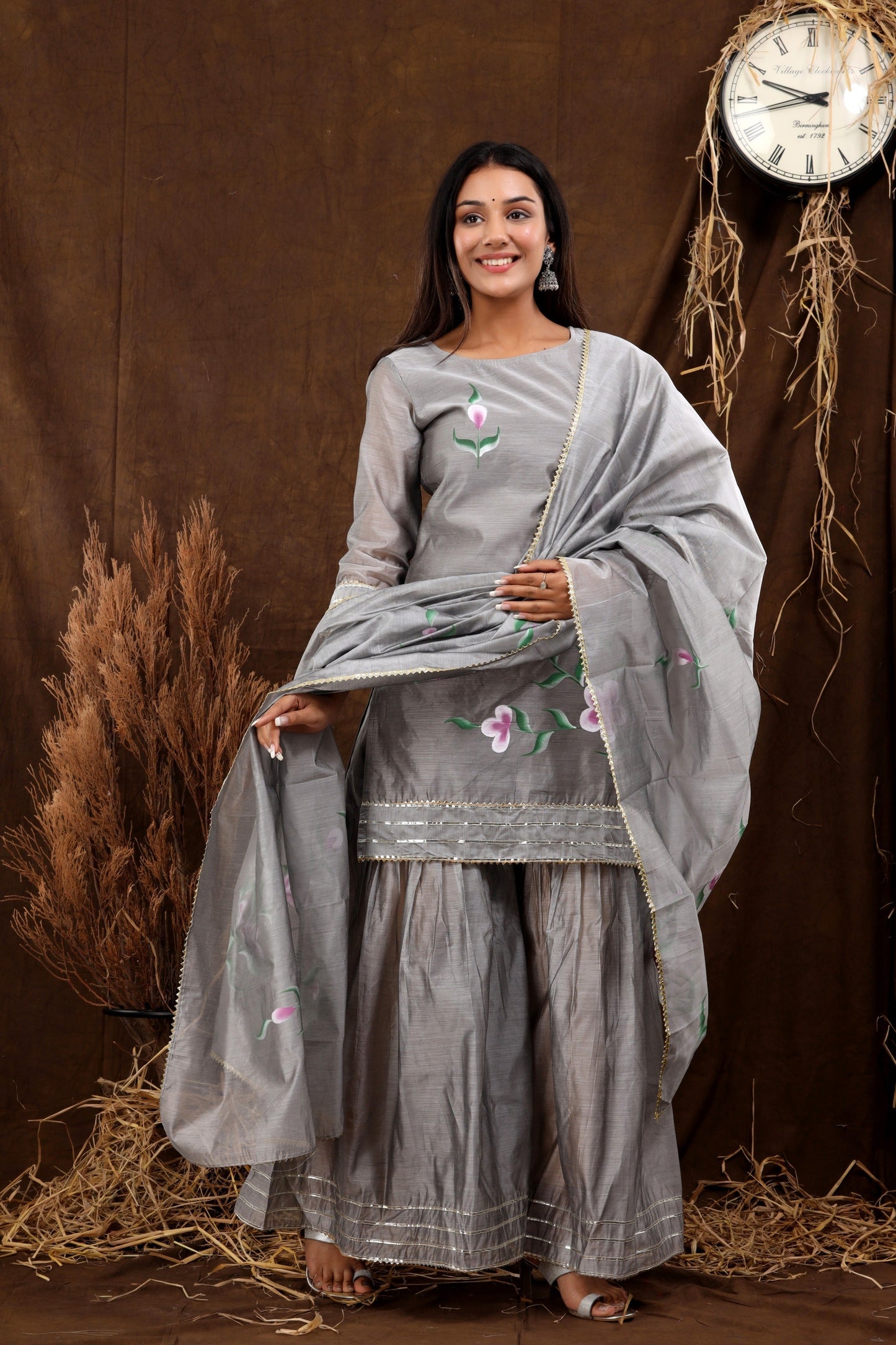 Women's Tuhina Hand Painted Chanderi Kurta Sharara And Dupatta