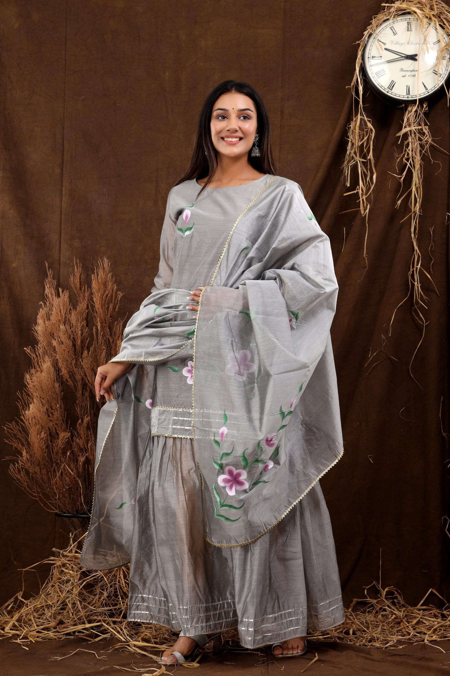 Women's Tuhina Hand Painted Chanderi Kurta Sharara And Dupatta