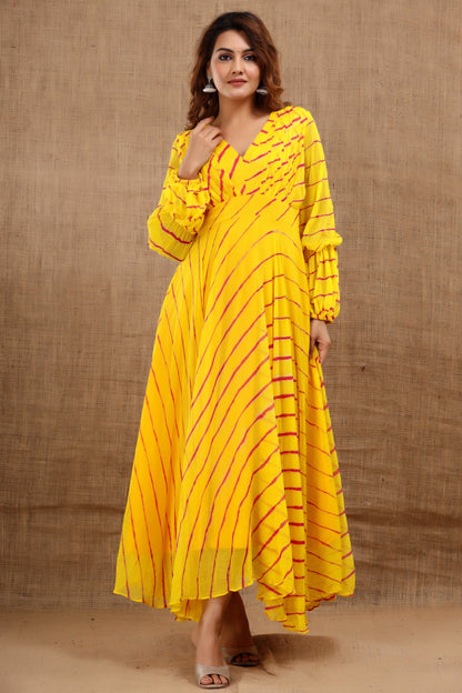 Women's Balika Leheriya Yellow Dress With Cotton Lining