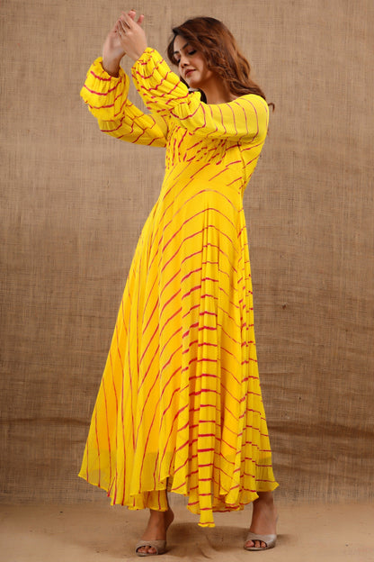 Women's Balika Leheriya Yellow Dress With Cotton Lining