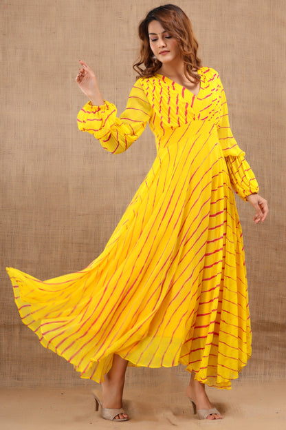 Women's Balika Leheriya Yellow Dress With Cotton Lining