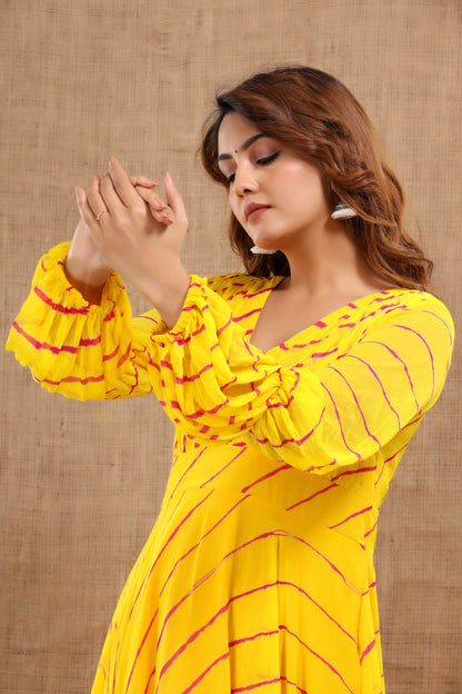 Women's Balika Leheriya Yellow Dress With Cotton Lining