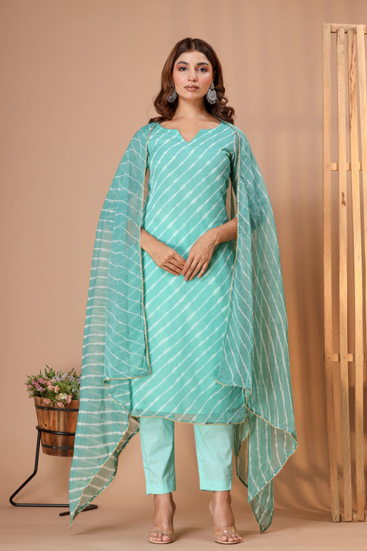 Women's Sky Blue Leheriya Suit Set