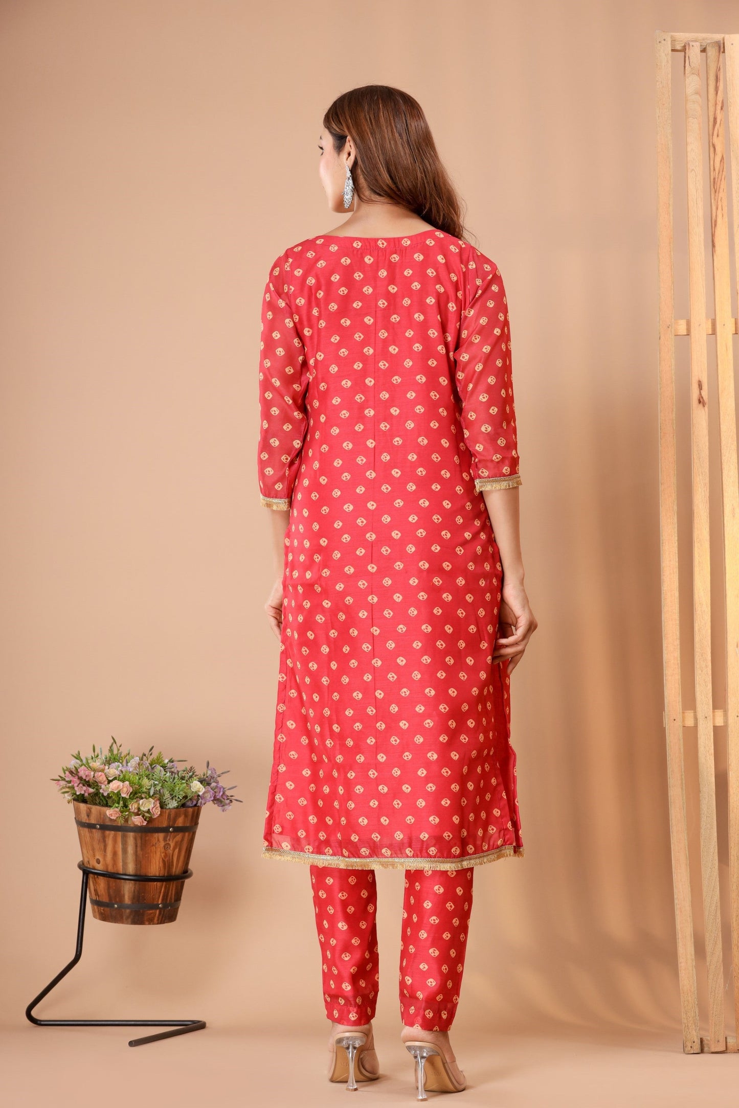 Women's Red Bandhej Suit Set