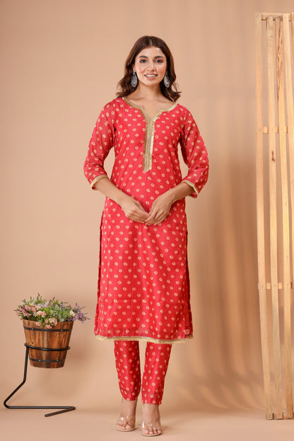 Women's Red Bandhej Suit Set