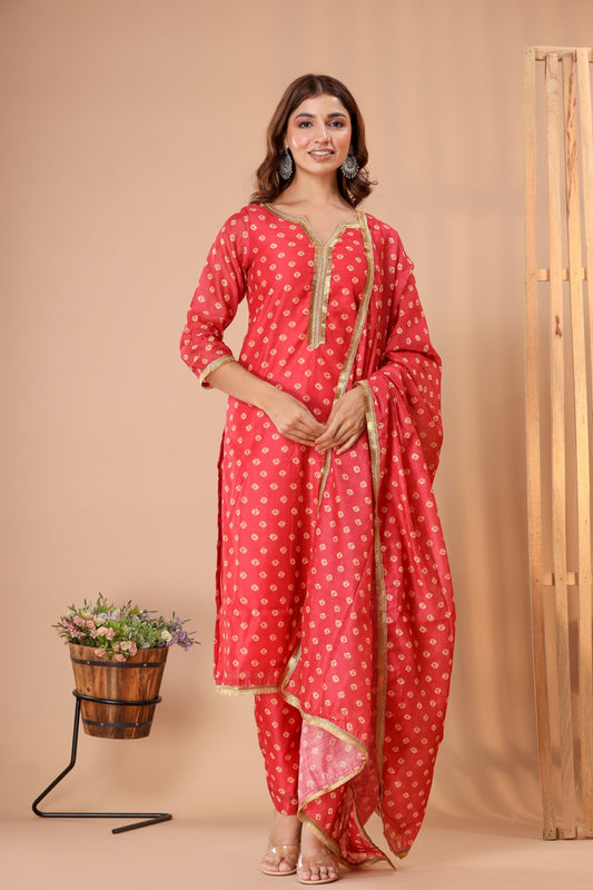 Women's Red Bandhej Suit Set