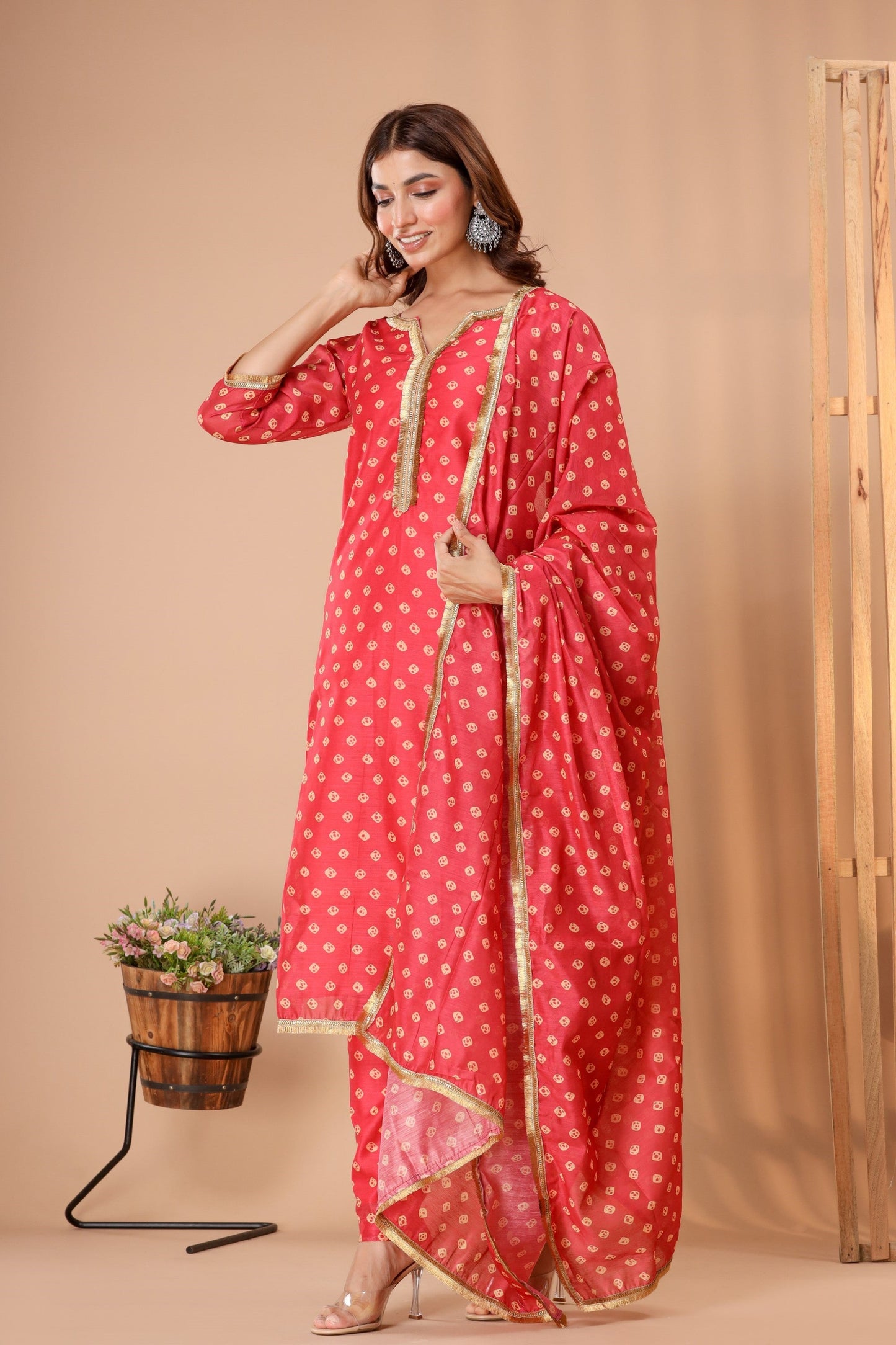 Women's Red Bandhej Suit Set