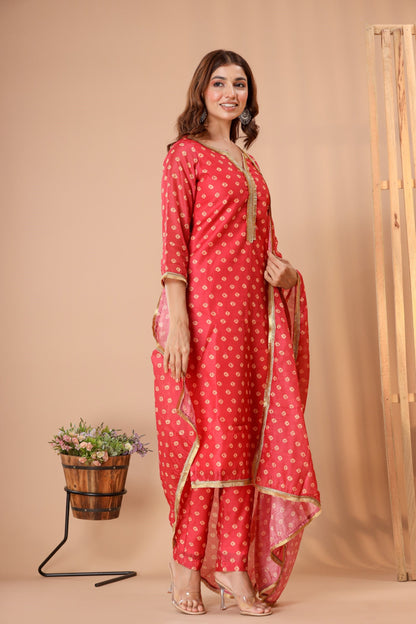 Women's Red Bandhej Suit Set