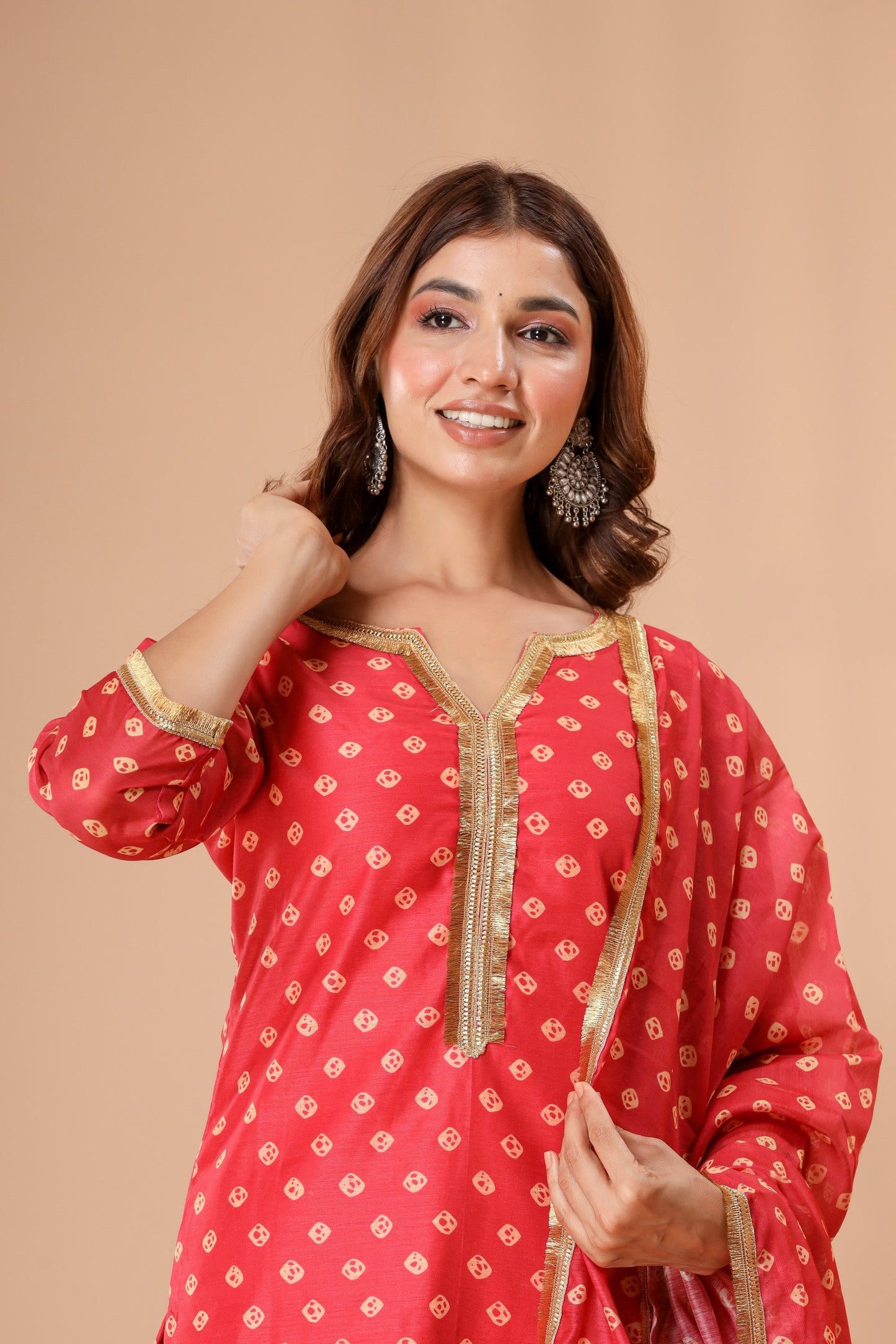 Women's Red Bandhej Suit Set