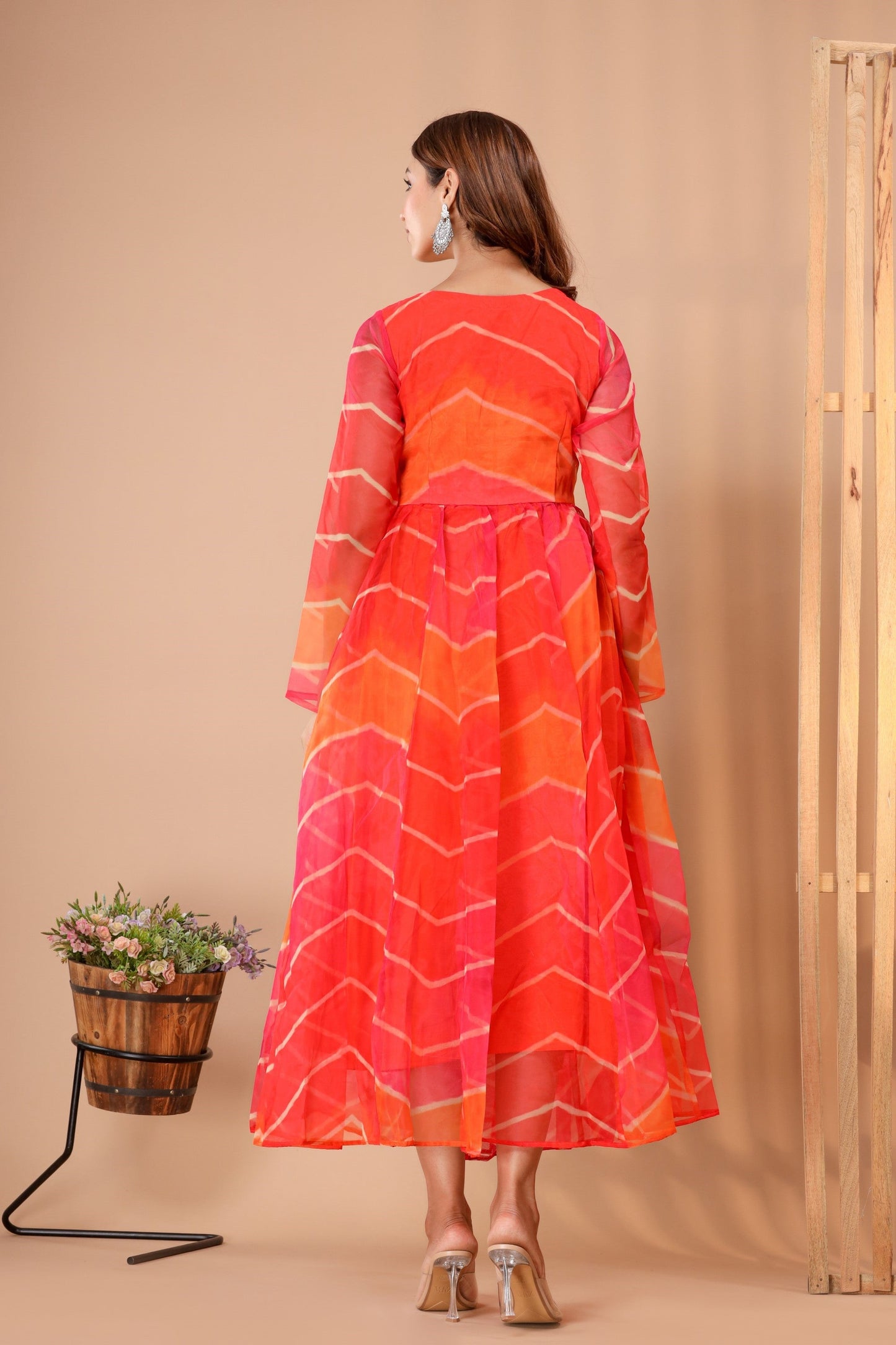 Women's Leheriya Organza Gown Dress With Dupatta