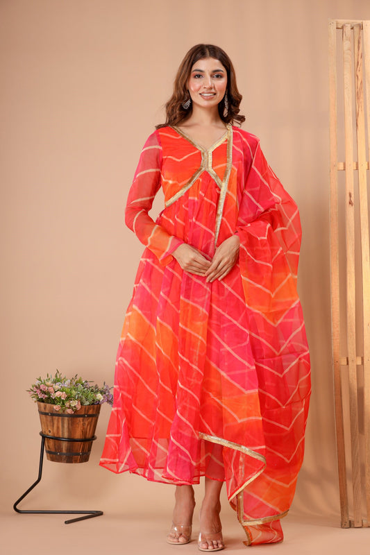 Women's Leheriya Organza Gown Dress With Dupatta