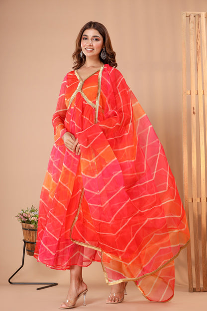 Women's Leheriya Organza Gown Dress With Dupatta