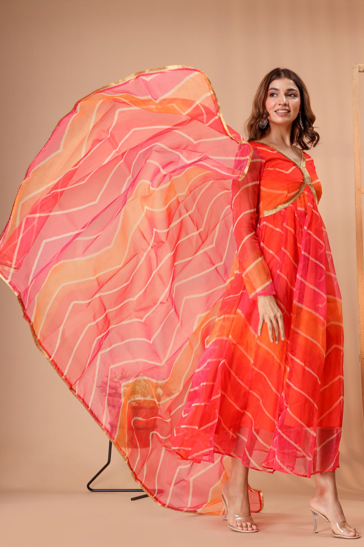 Women's Leheriya Organza Gown Dress With Dupatta