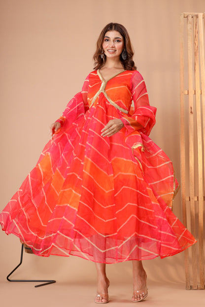 Women's Leheriya Organza Gown Dress With Dupatta