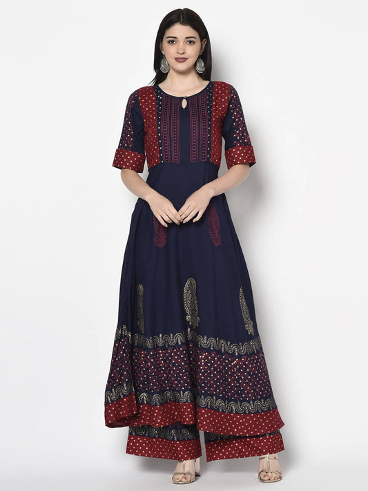 Women's Navy Blue Rayon Block print Anarkali palazzo set