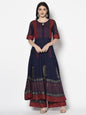 Women's Navy Blue Rayon Block print Anarkali palazzo set