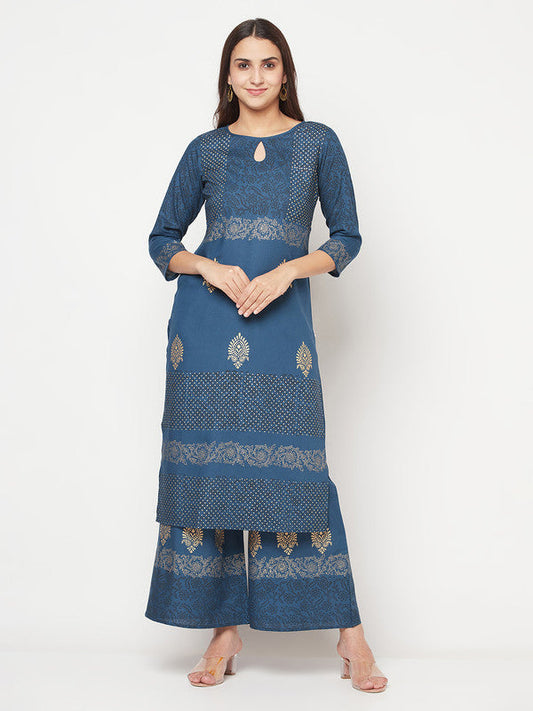 Women's Rayon Block print Straight Kurta palazzo set,Blue