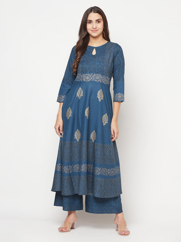 Women's Rayon Block print Anarkali palazzo set,Blue