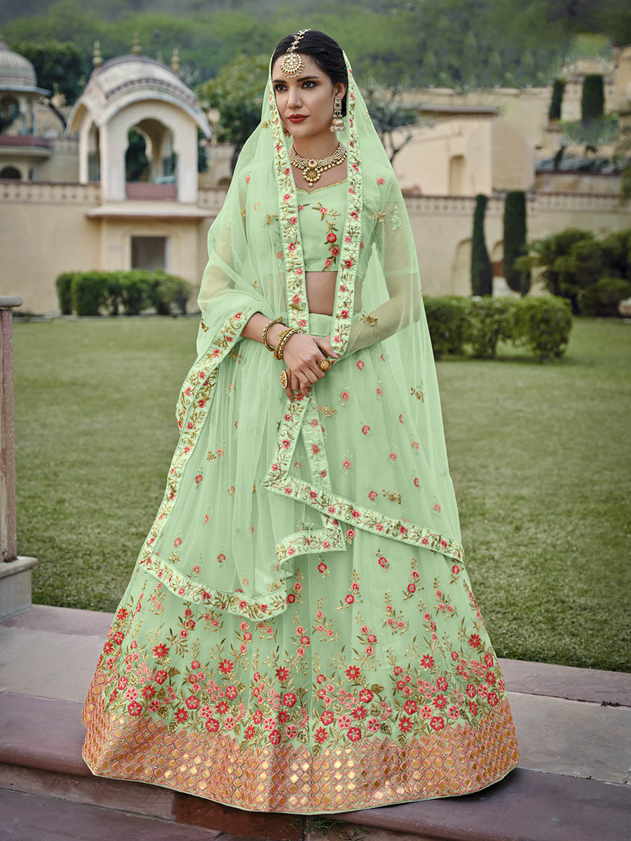 Women's Mint Green Net Heavy Embroidered Designer Lehenga