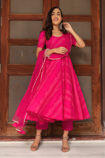 Women's Pink Anarkali suit set with Pants & Dupatta (3pcs set) - Pomcha Jaipur