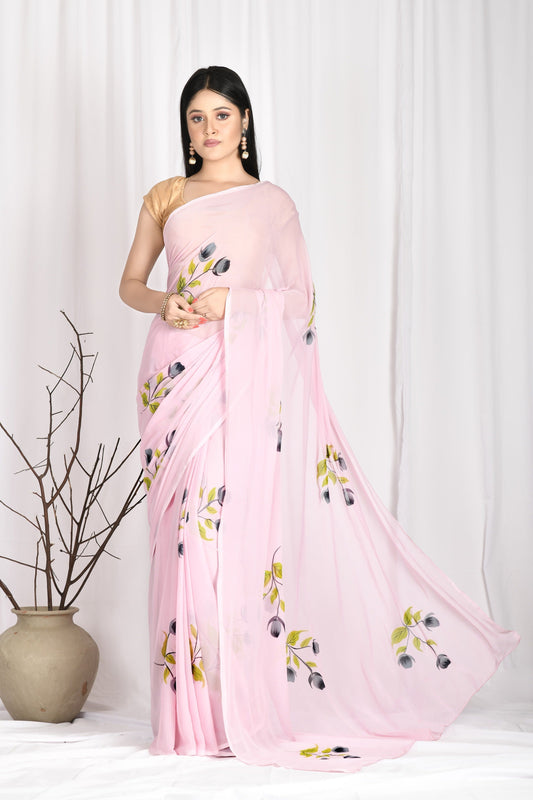 Women's Hand Painted Pink Saree With All-Over Vegetable Dyes With Blouse