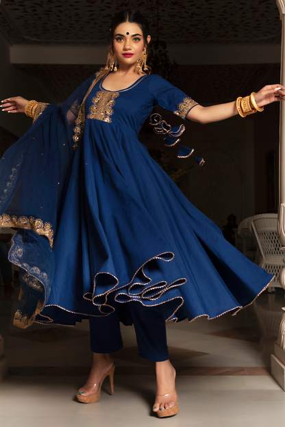 Women's Blue Anarkali suit with Dupatta by Pomcha Jaipur- (3pcs set)