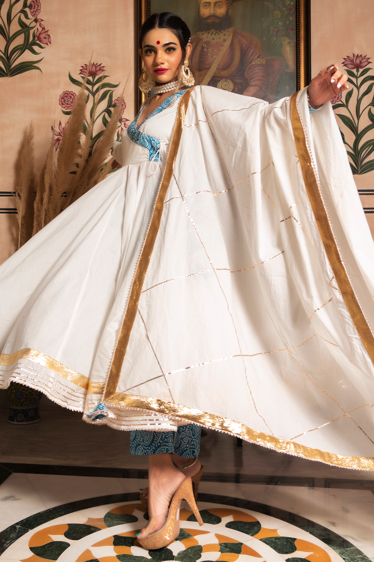 Women's White Mogra Pure Cotton Angrakha Set - Pomcha Jaipur