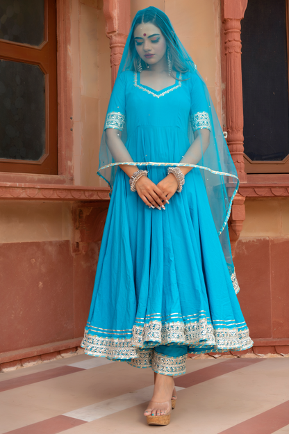 Women's Sky Blue Cotton Anarkali Kurta with Pant & Dupatta (3pcs Set) - Pomcha Jaipur