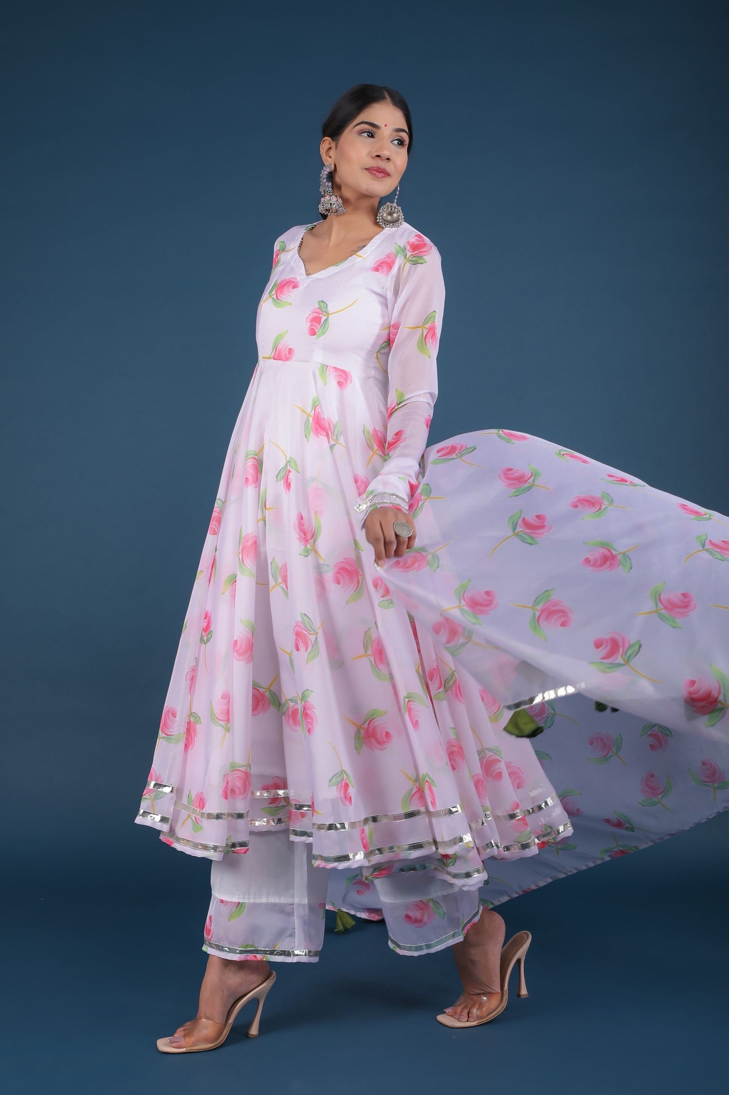 Women's Pink Lily White Organza Anarkali Set - Pomcha Jaipur