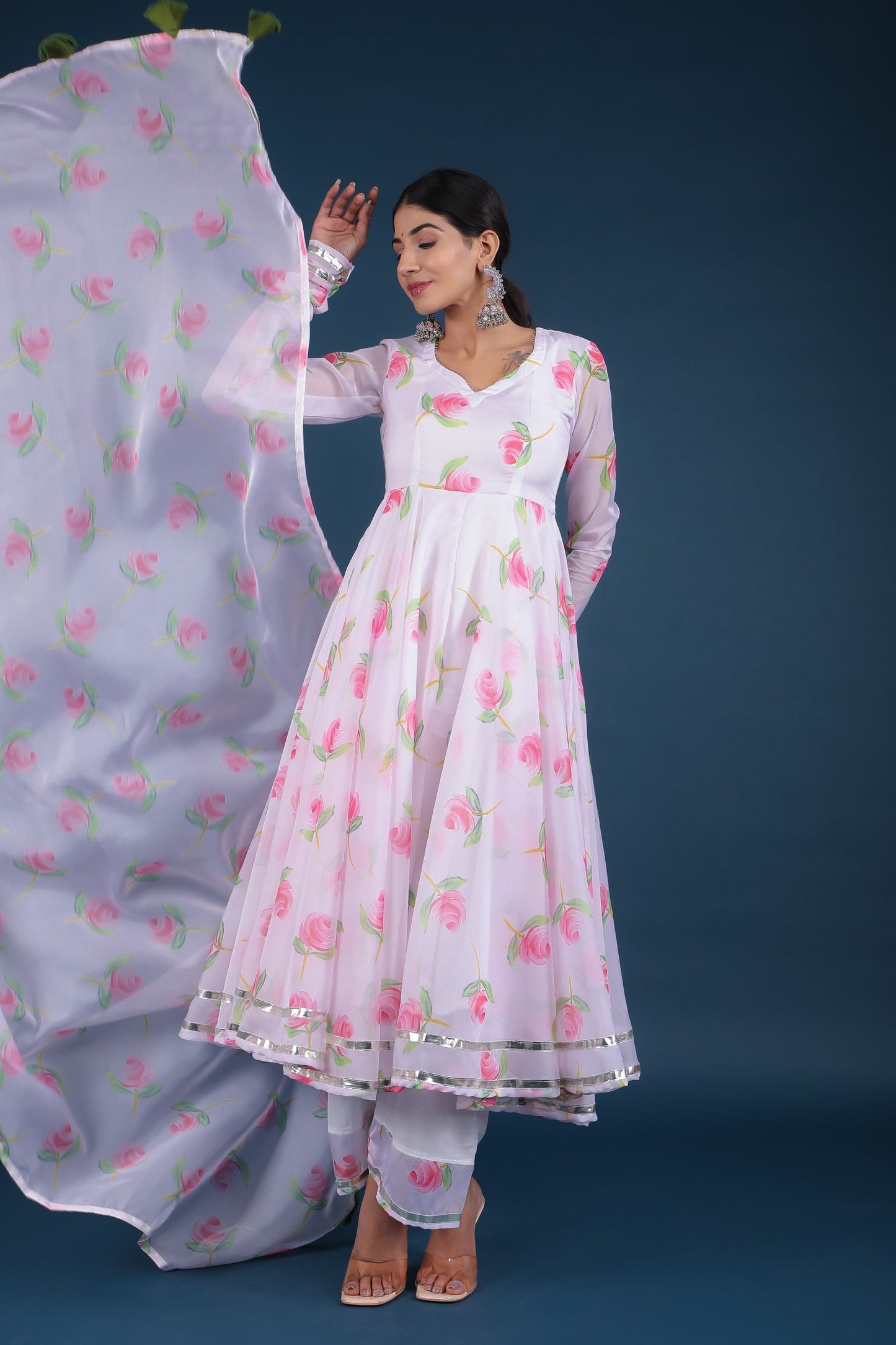 Women's Pink Lily White Organza Anarkali Set - Pomcha Jaipur