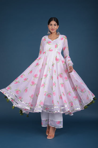 Women's Pink Lily White Organza Anarkali Set - Pomcha Jaipur