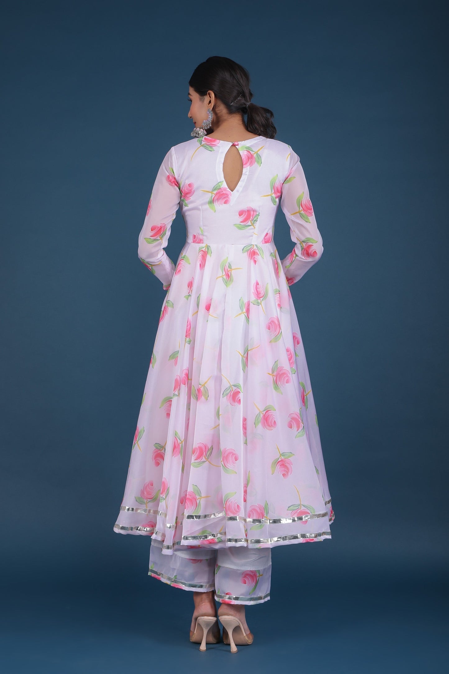 Women's Pink Lily White Organza Anarkali Set - Pomcha Jaipur