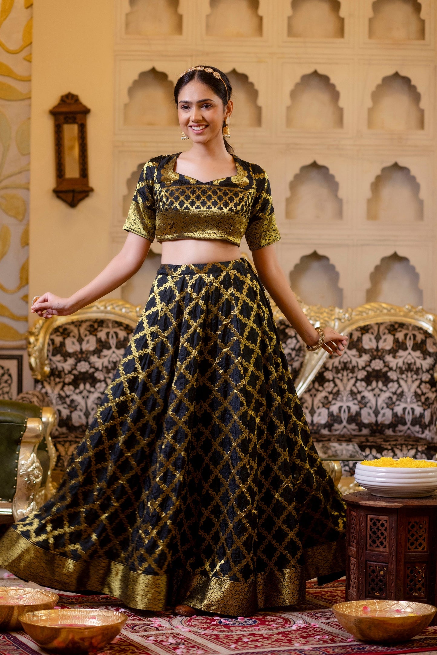 Black Banarasi Lehenga Choli with Dupatta - 3 pcs set