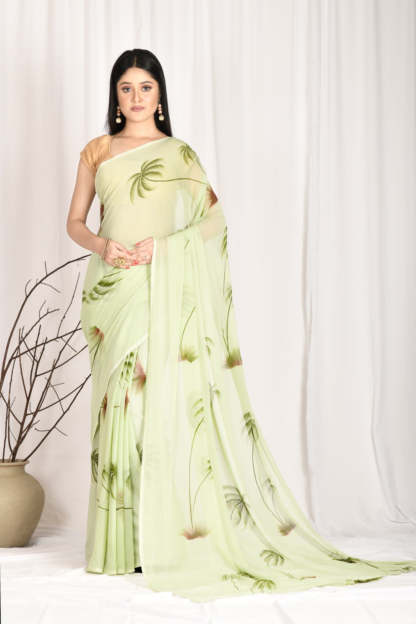 Women's Hand Painted Olive Saree With All-Over Vegetable Dyes With Blouse