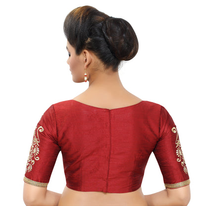 Women's Poly Raw Silk Readymade Saree Blouse With Embroidered Sleeves